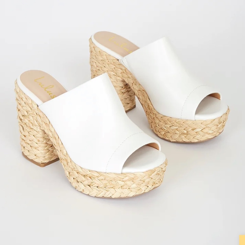 Lulus Ervyn White Raffia Platform Slide Sandals 8.5 brides, engagement